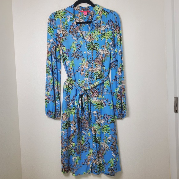 Lilly Pulitzer Bethanne Knee Length Dress Blue Thistle Tiger Queen in Size M - Picture 14 of 16